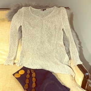 Light Cream V-Neck Sweater - Women's Knit Long Sleeve